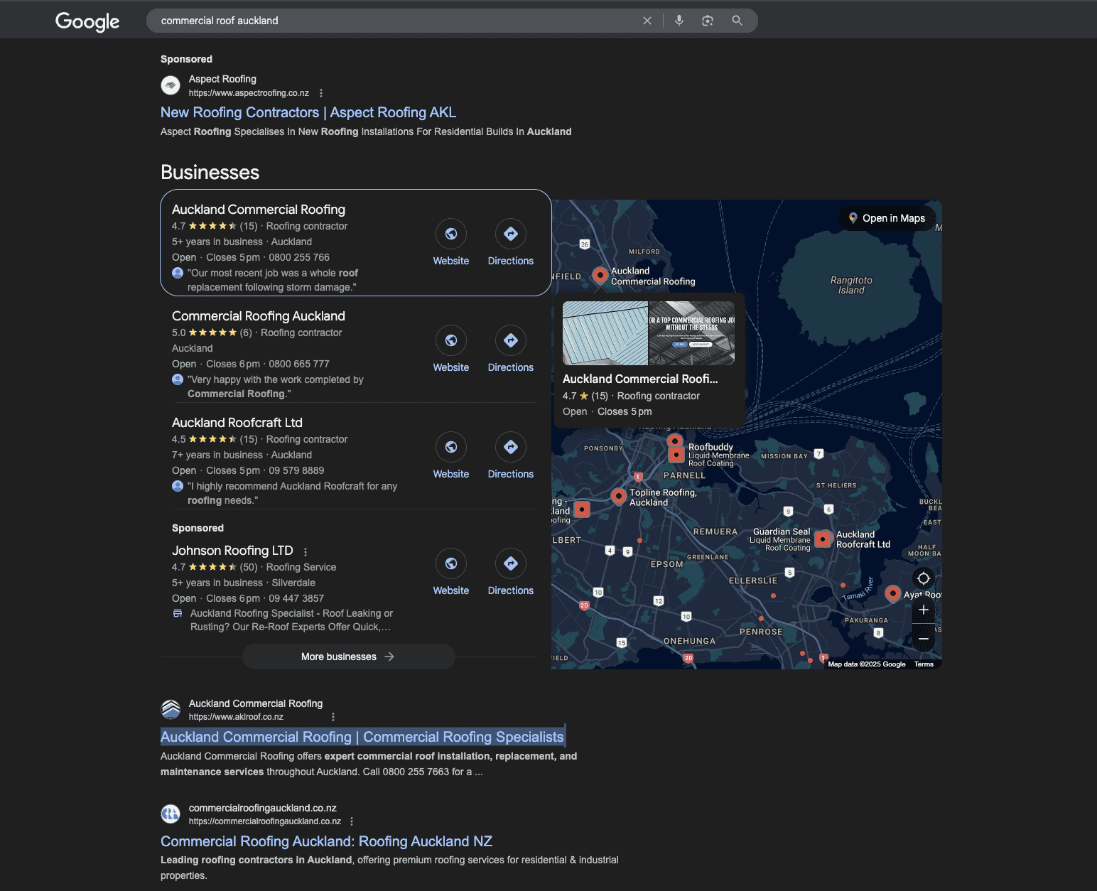 Google search results showing Auckland Commercial Roofing ranking #1 for commercial roof auckland