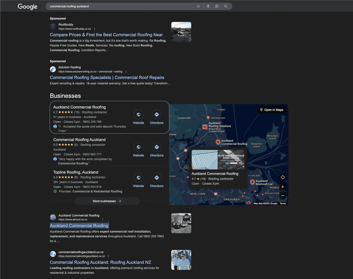 Auckland Commercial Roofing additional ranking data